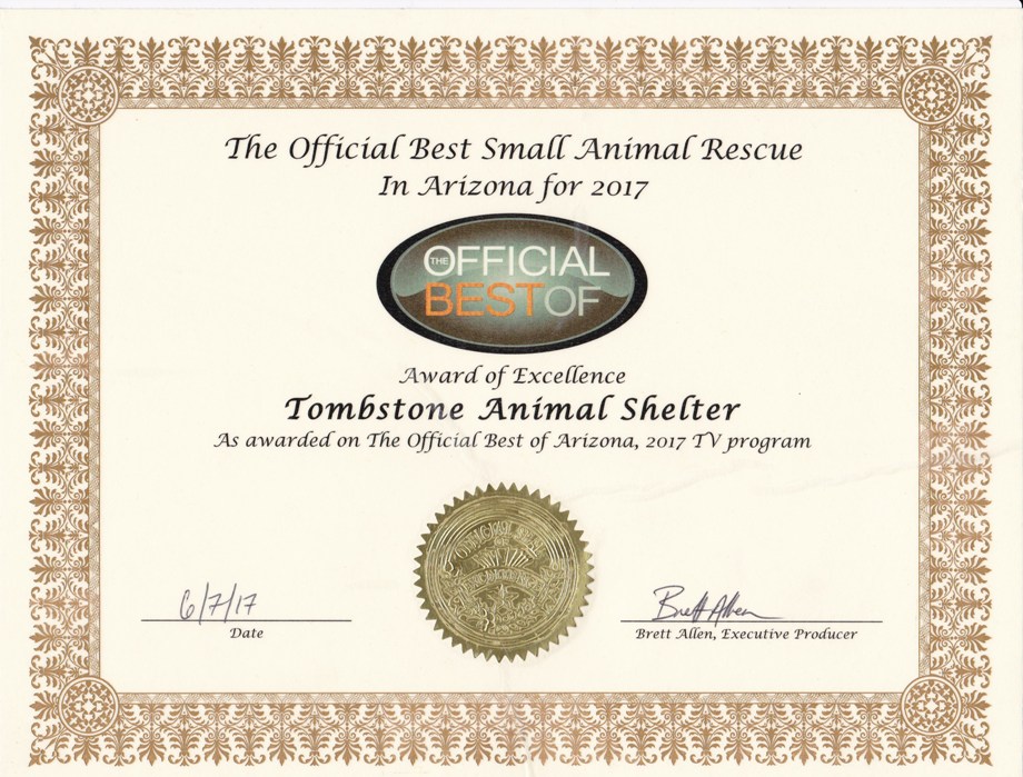 Award- Best Small Animal Rescue in Arizona for 2017. | Tombstone Small  Animal Shelter